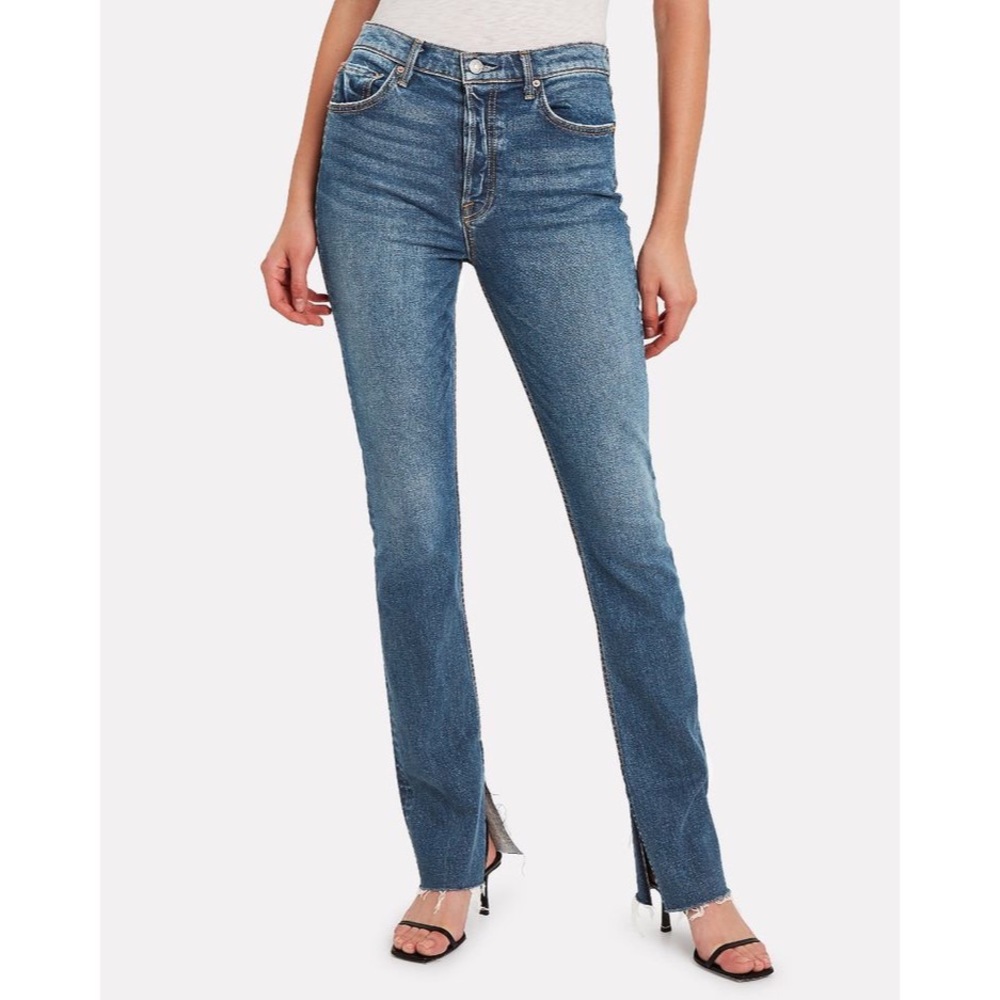 NWT GRLFRND Addison Straight-Leg Jeans in Beginners Luck Midwash Slit Hem